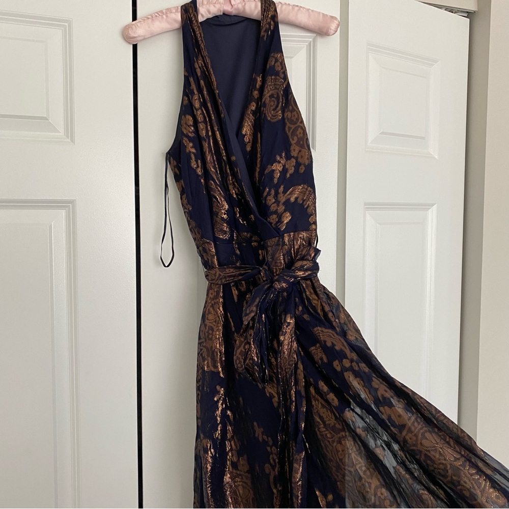 Vintage lame gold and navy paisley print maxi formal dress size 4/6 waist tie